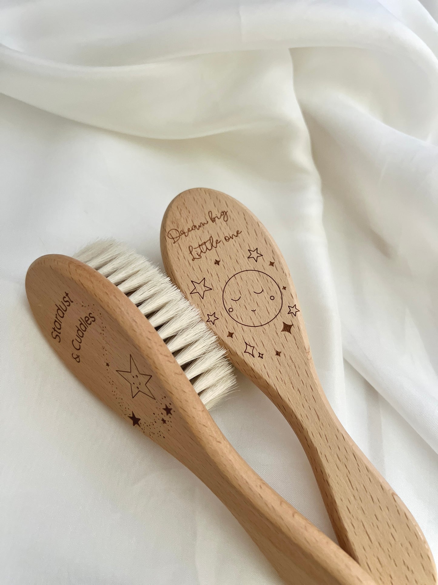 Engraved Wooden Baby Hair Brush – Dream Big, Little One / Stardust & Cuddles | Soft Newborn Brush Keepsake