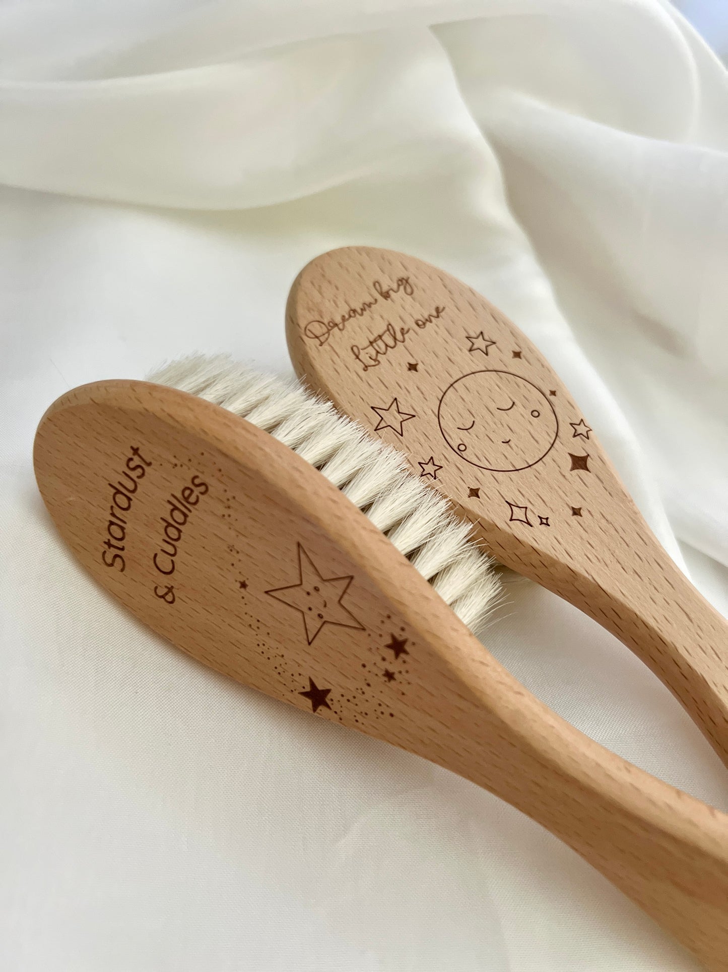 Engraved Wooden Baby Hair Brush – Dream Big, Little One / Stardust & Cuddles | Soft Newborn Brush Keepsake