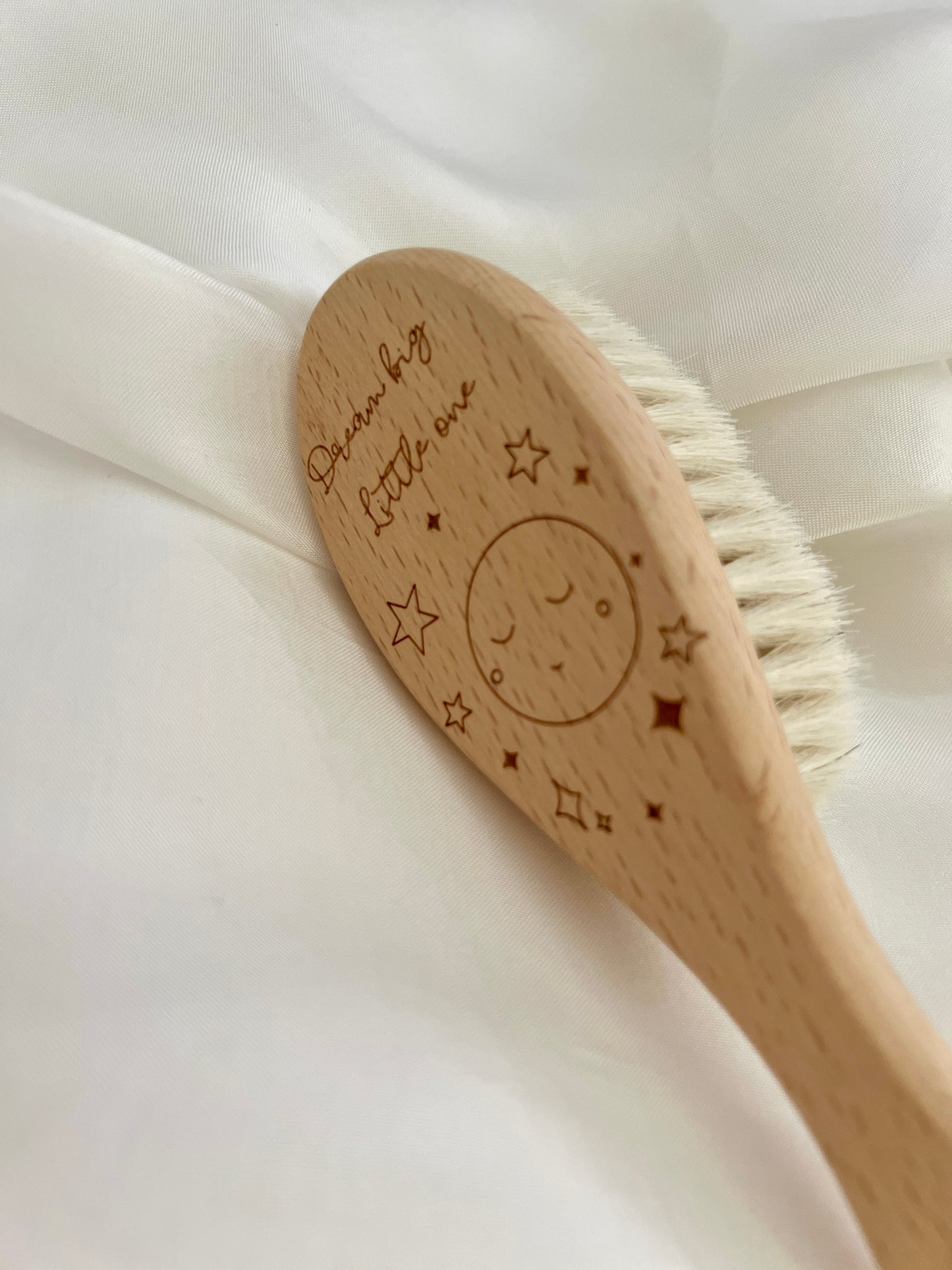 Engraved Wooden Baby Hair Brush – Dream Big, Little One / Stardust & Cuddles | Soft Newborn Brush Keepsake