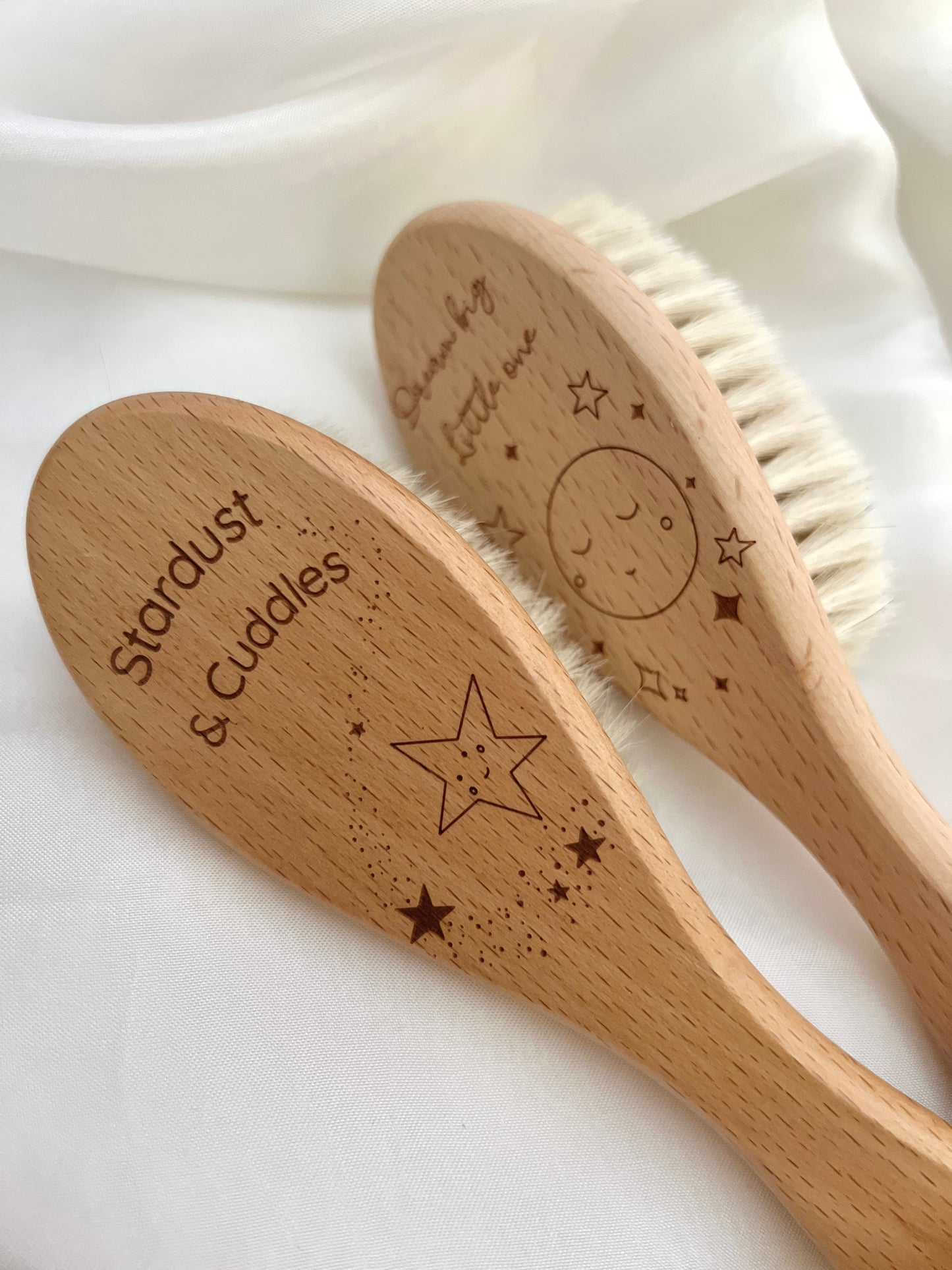 Engraved Wooden Baby Hair Brush – Dream Big, Little One / Stardust & Cuddles | Soft Newborn Brush Keepsake