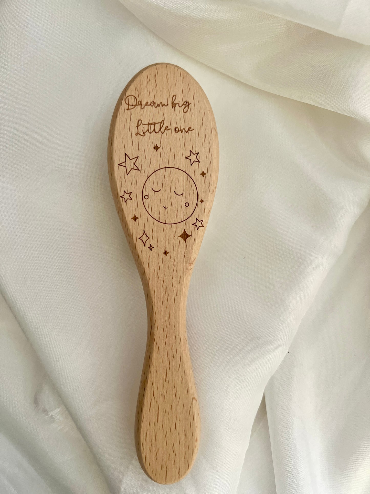 Engraved Wooden Baby Hair Brush – Dream Big, Little One / Stardust & Cuddles | Soft Newborn Brush Keepsake