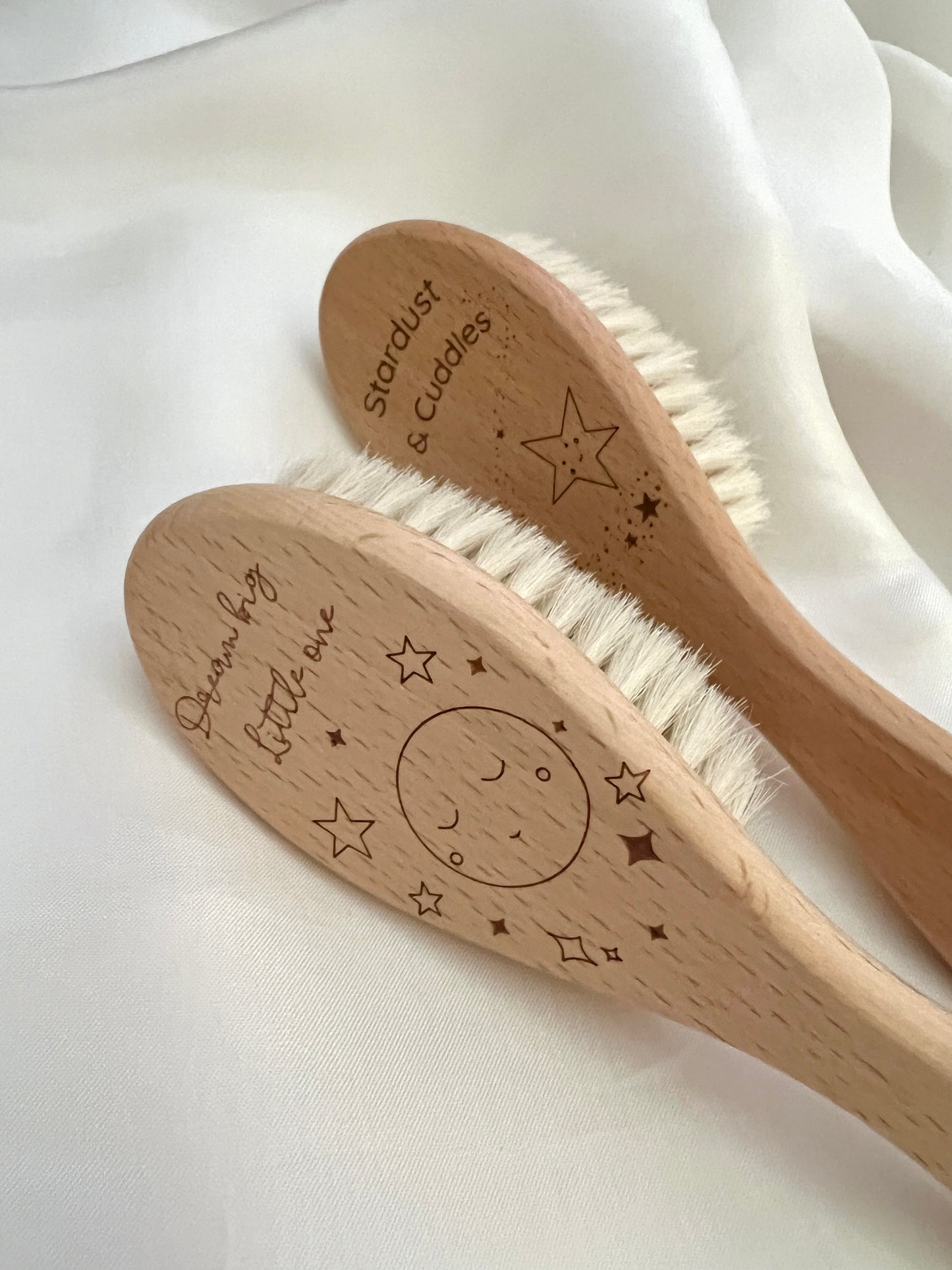 Engraved Wooden Baby Hair Brush – Dream Big, Little One / Stardust & Cuddles | Soft Newborn Brush Keepsake