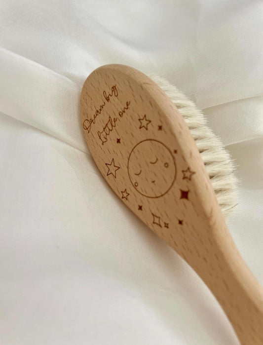 Engraved Wooden Baby Hair Brush – Dream Big, Little One / Stardust & Cuddles | Soft Newborn Brush Keepsake
