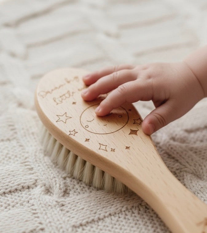 Engraved Wooden Baby Hair Brush – Dream Big, Little One / Stardust & Cuddles | Soft Newborn Brush Keepsake
