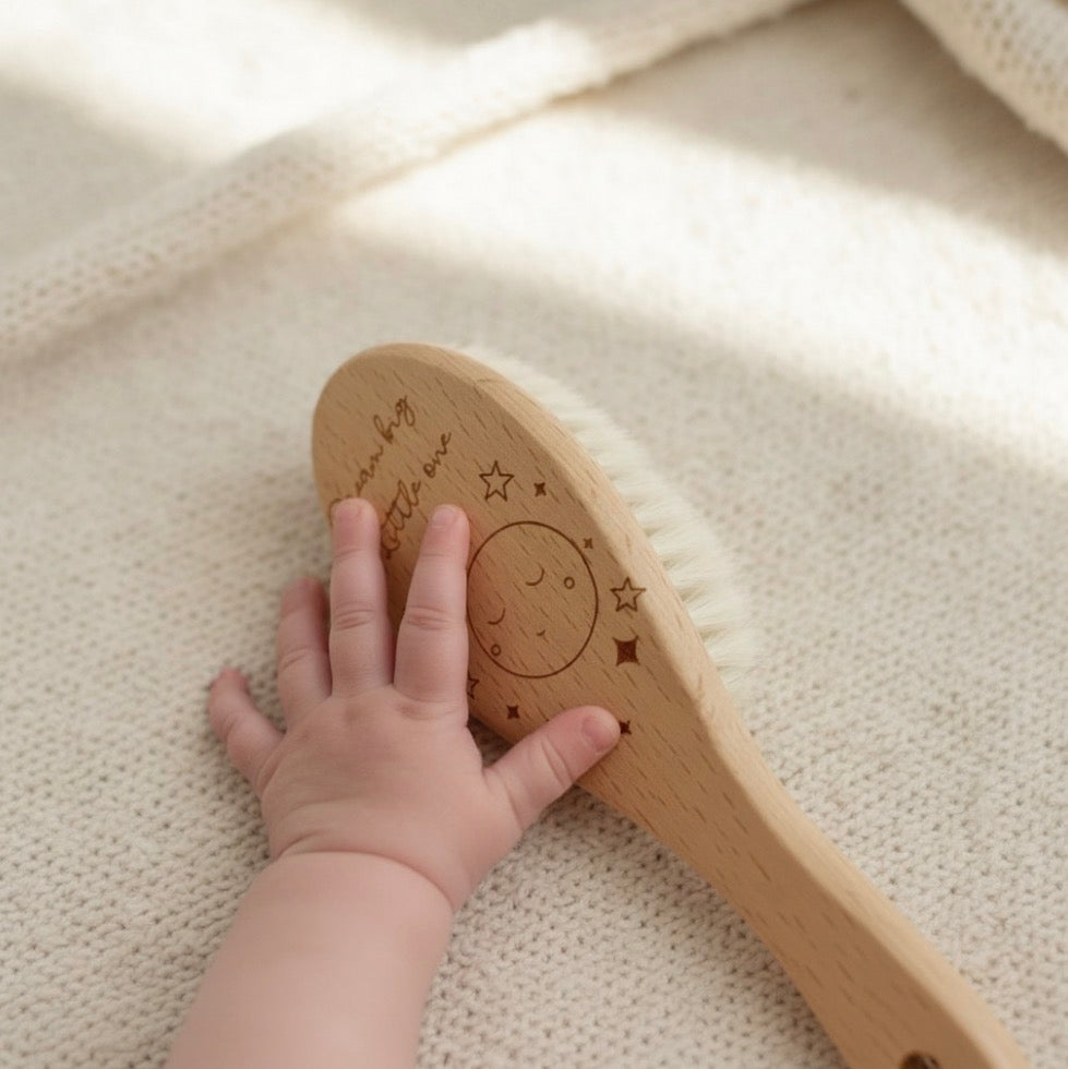 Engraved Wooden Baby Hair Brush – Dream Big, Little One / Stardust & Cuddles | Soft Newborn Brush Keepsake